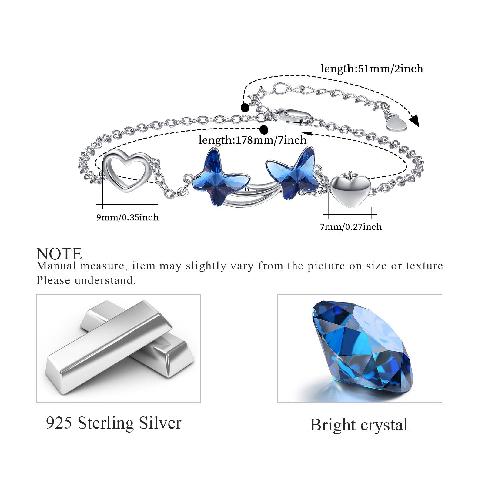 Bracciale “Sky Wings” con Farfalle in Cristallo Blu e Dettagli Cuore