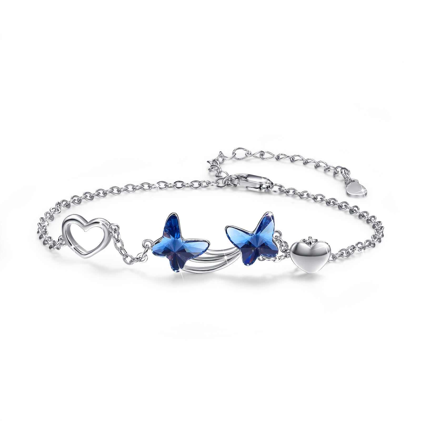 Bracciale “Sky Wings” con Farfalle in Cristallo Blu e Dettagli Cuore